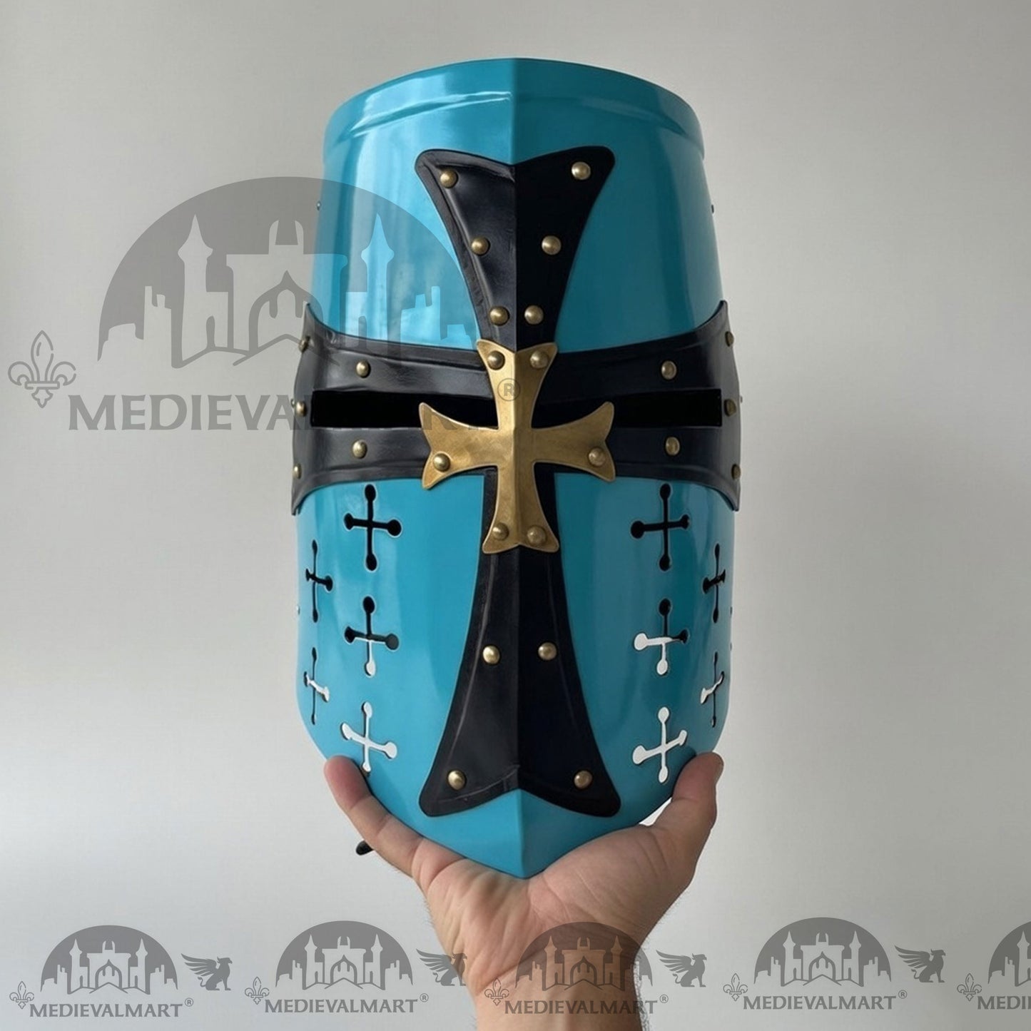 MEDIEVALMART Special Templar Crusader Knight Aqua Blue Finish Helmet W/H Free Stand