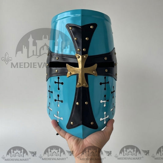 MEDIEVALMART Casque de chevalier templier croisé finition bleu aqua avec support gratuit