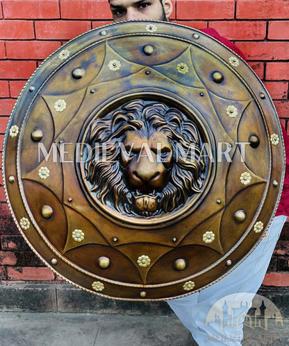MEDIEVALMART Medieval Lion Face Spartan Shield Antique Finish | Gift For Dad