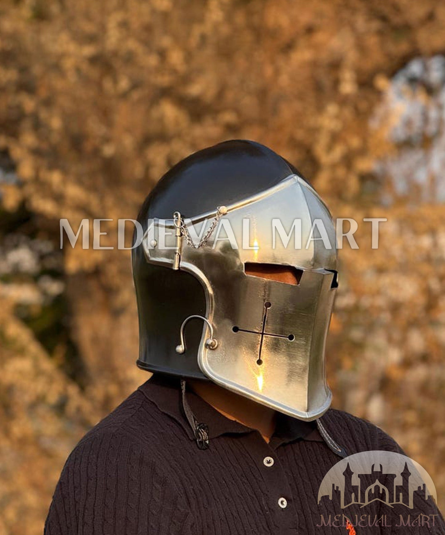 MEDIEVALMART Medieval Knight Armor 18g Mild Steel Black Barbuta Helmet for LARP or Cosplay - Gift For Dad