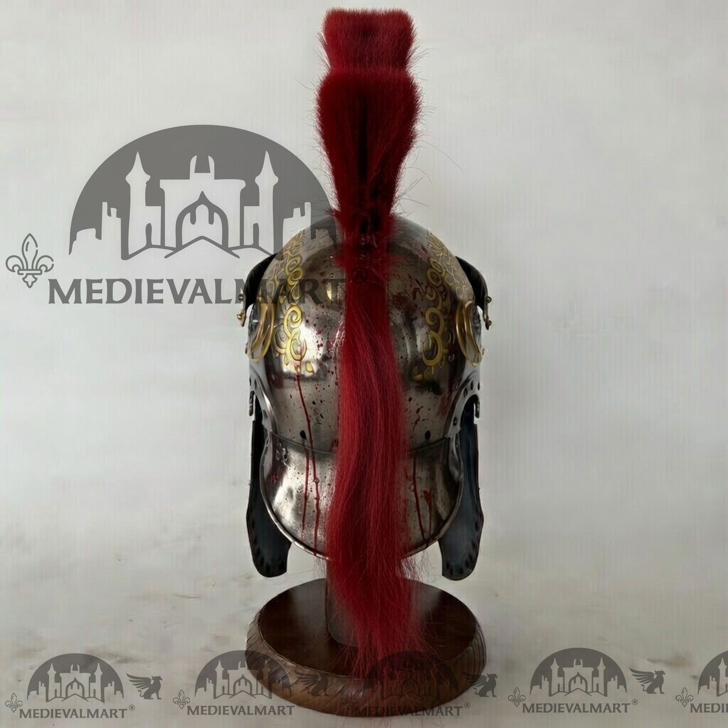 MEDIEVALMART Medieval Roman Centurion Silver Battle Damage W/H Blood Finish Helmet with Red Plume or Free Wooden Stand