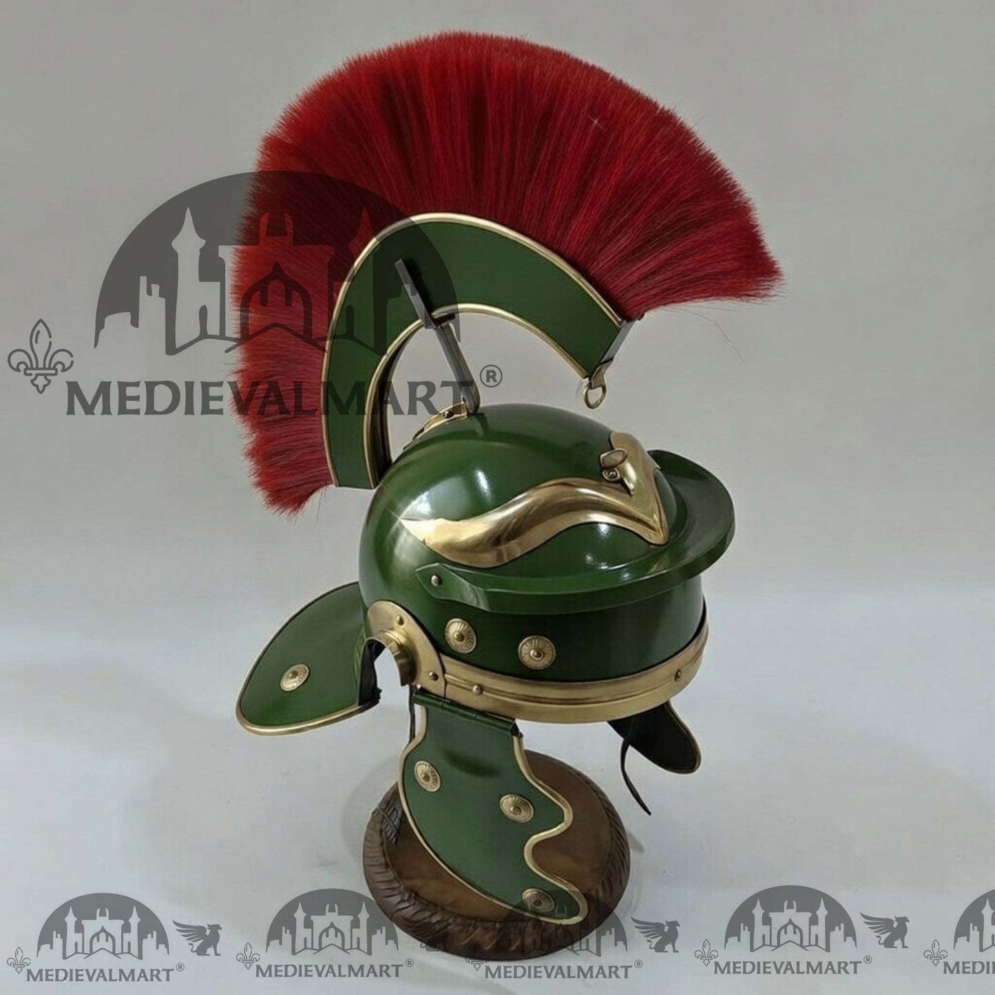 MEDIEVALMART Gallic Roman Centurion Jade Green Finish Helmet Replica Red Plume with Free Stand