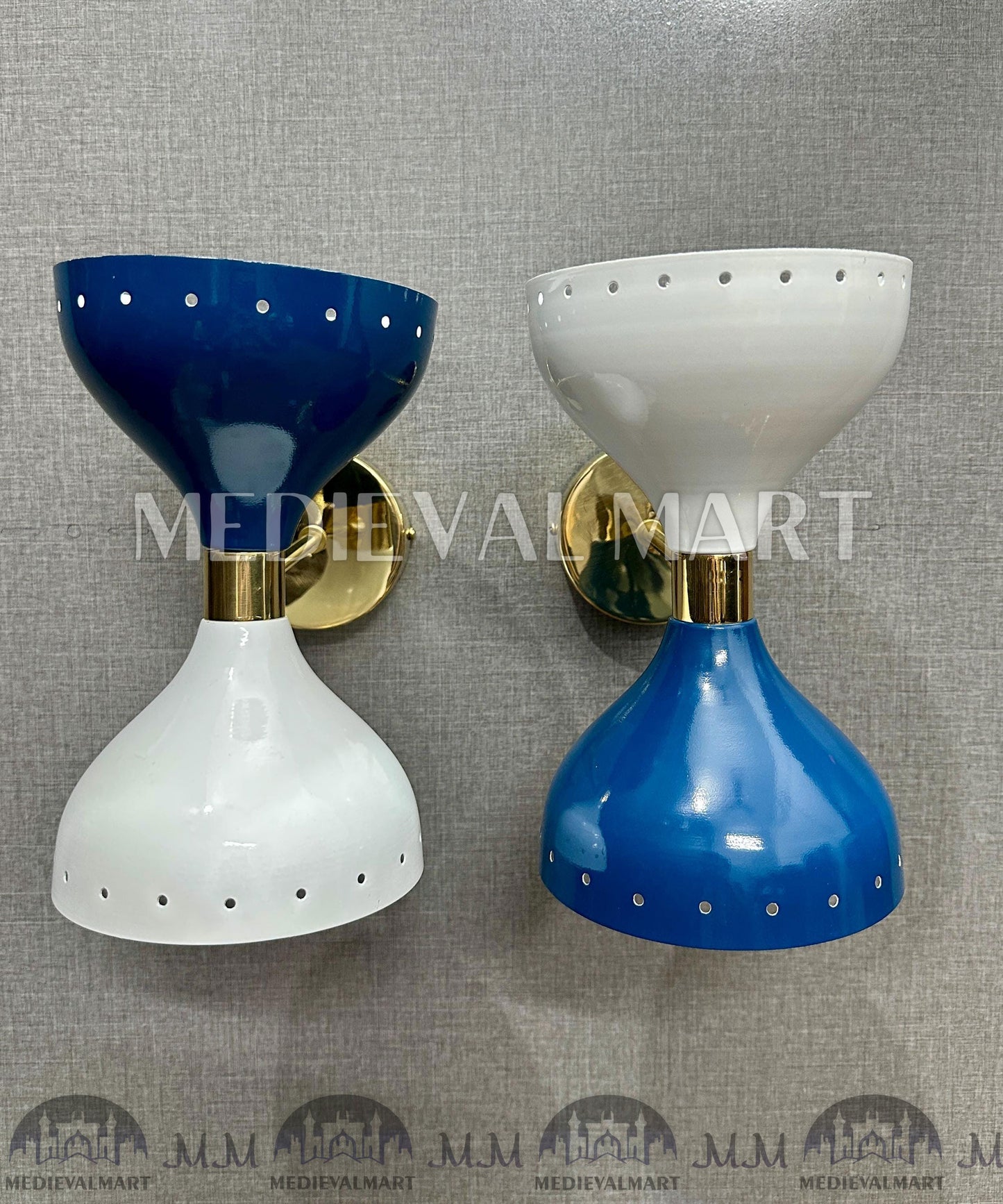 MEDIEVALMART Mid-Century Modern Diabolo Wall Sconces: Blue & White Brass Accent Lights (Pair)