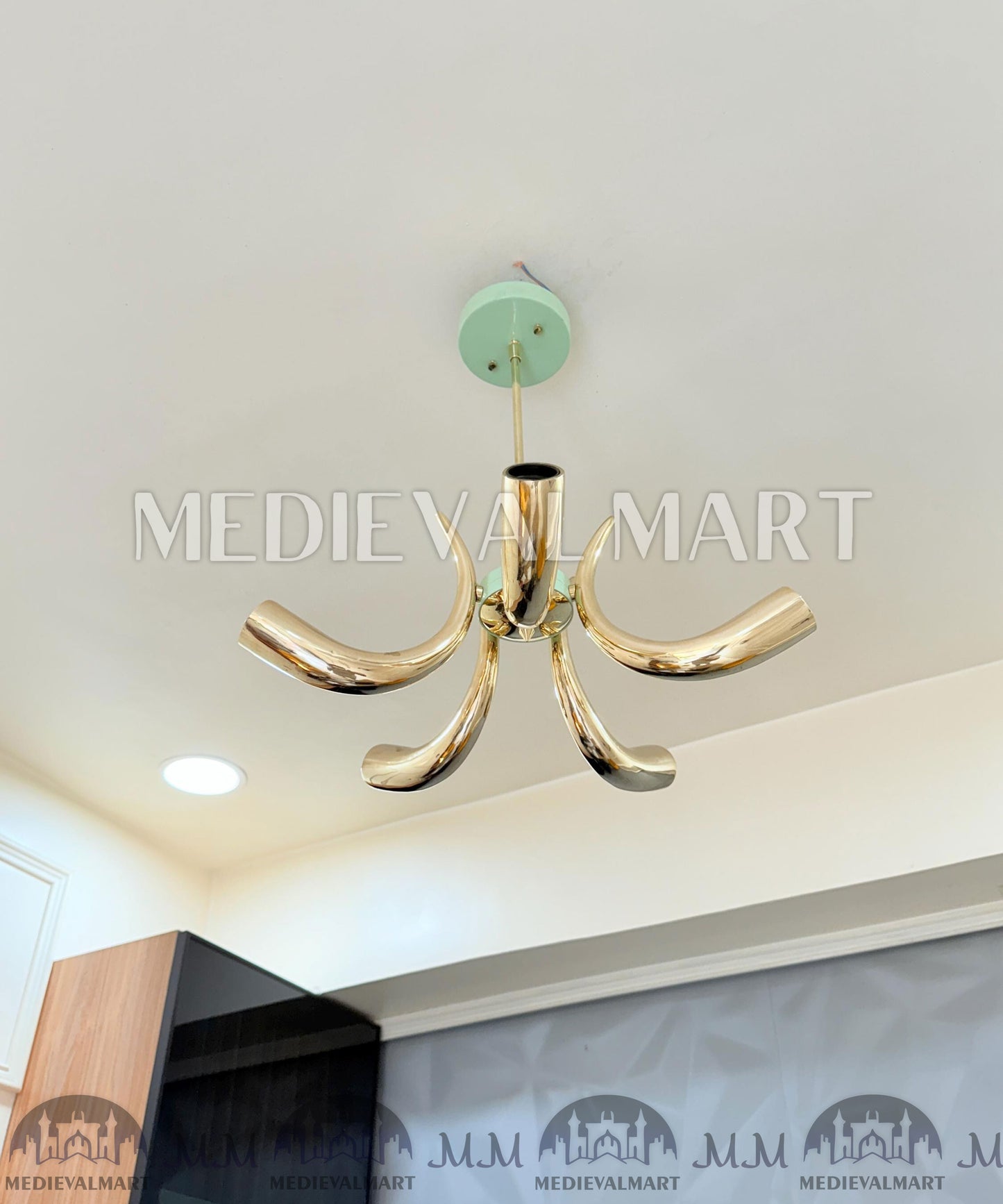MEDIEVALMART Handmade Brass 5-Arm Chandelier | Mid-Century Modern Light Fixture