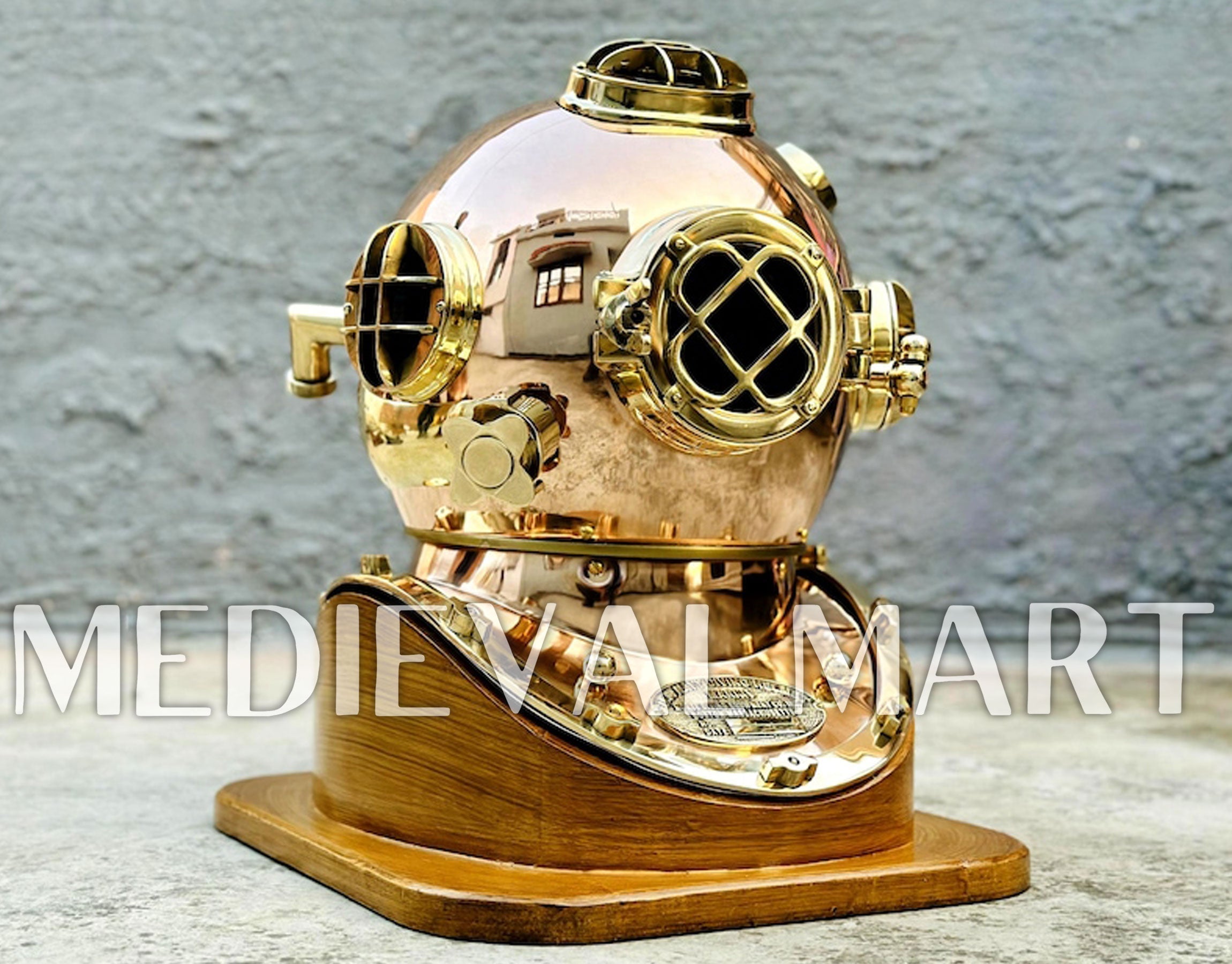MEDIEVALMART Pure Copper Brass Diving Helmet With Wooden Base