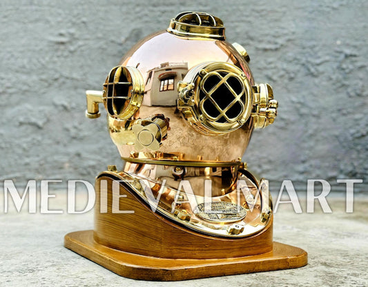 MEDIEVALMART Pure Copper Brass Diving Helmet With Wooden Base
