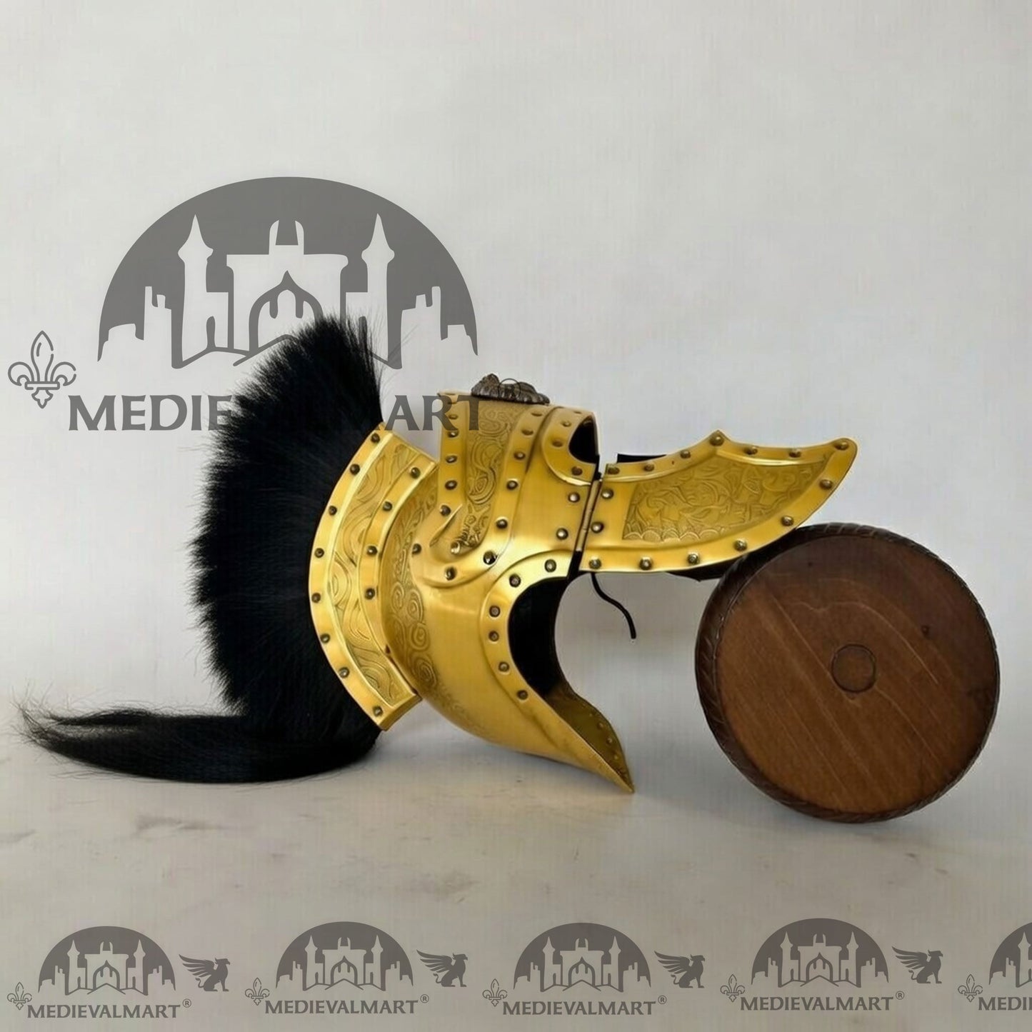 MEDIEVALMART Medieval Roman Centurion Yellow Finish Helmet with Black Plume or Free Wooden Stand