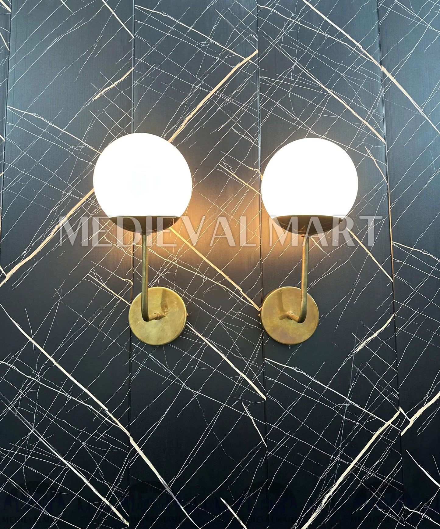 MEDIEVALMART Modern Brass Wall Sconce: Nordic Milky Globe Bathroom Light