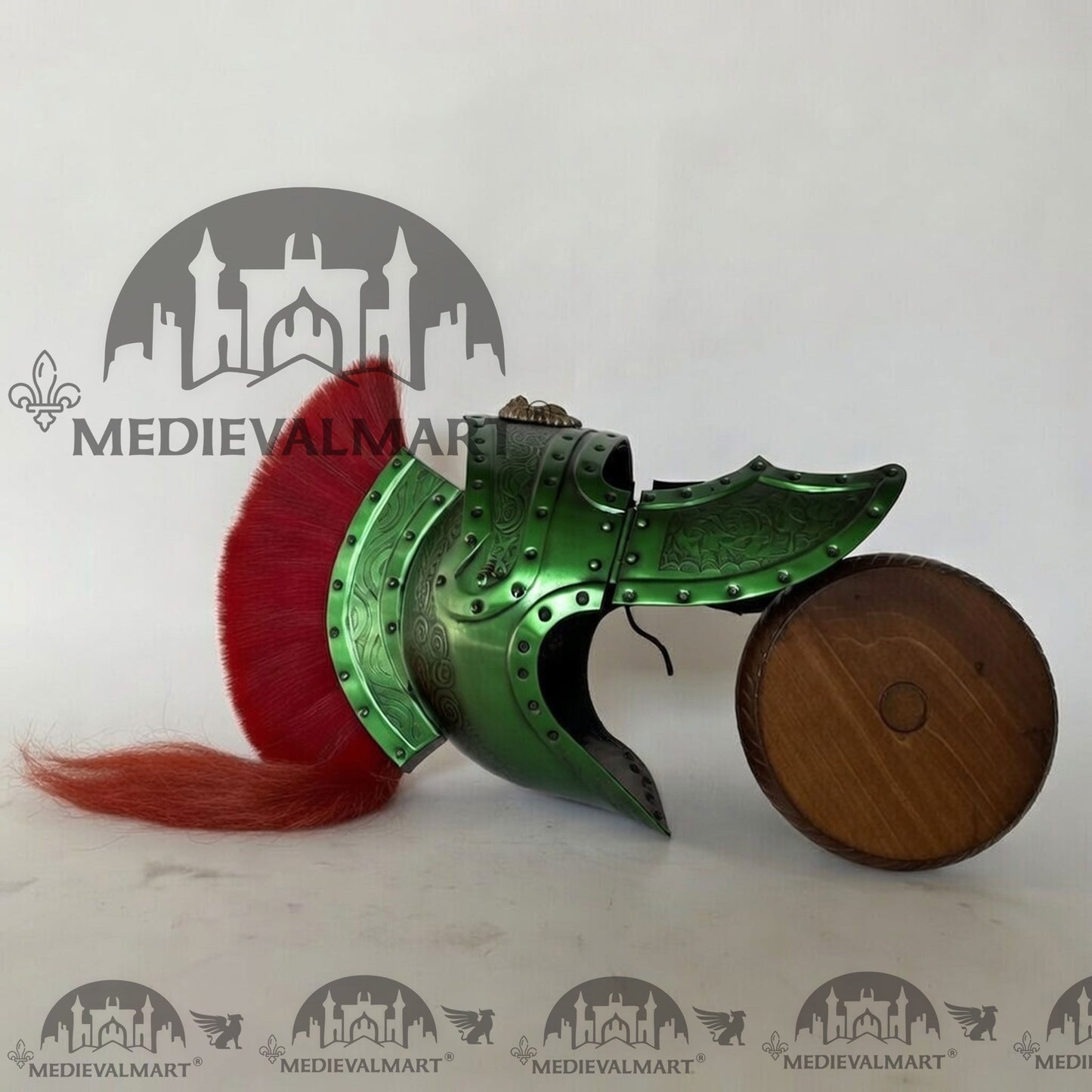 MEDIEVALMART Medieval Roman Centurion Green Finish Helmet with Red Plume or Free Wooden Stand