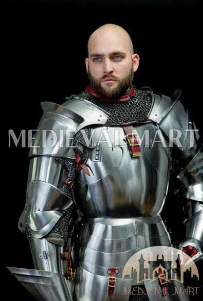 MEDIEVALMART 14th-Cen European English Hardend Steel Plate Armor Buff Polish W/H Houndskull Closed Bascinet
