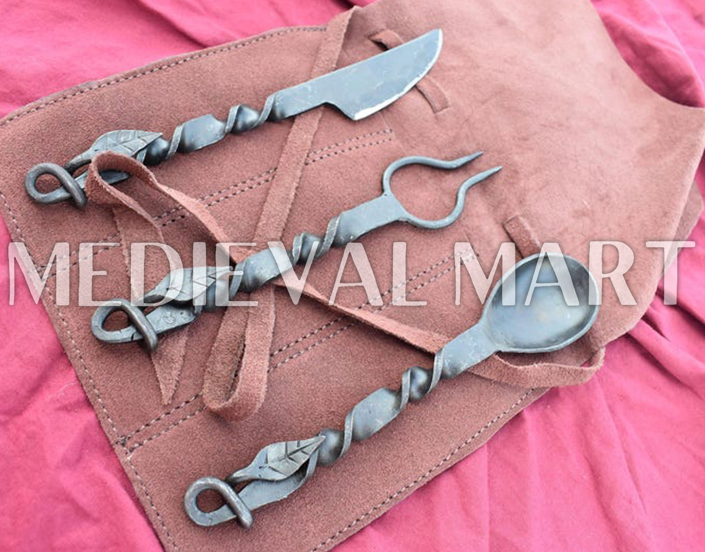 MEDIEVALMART Hand Forged Medieval Cutlery Set With Suede Leather Pouch