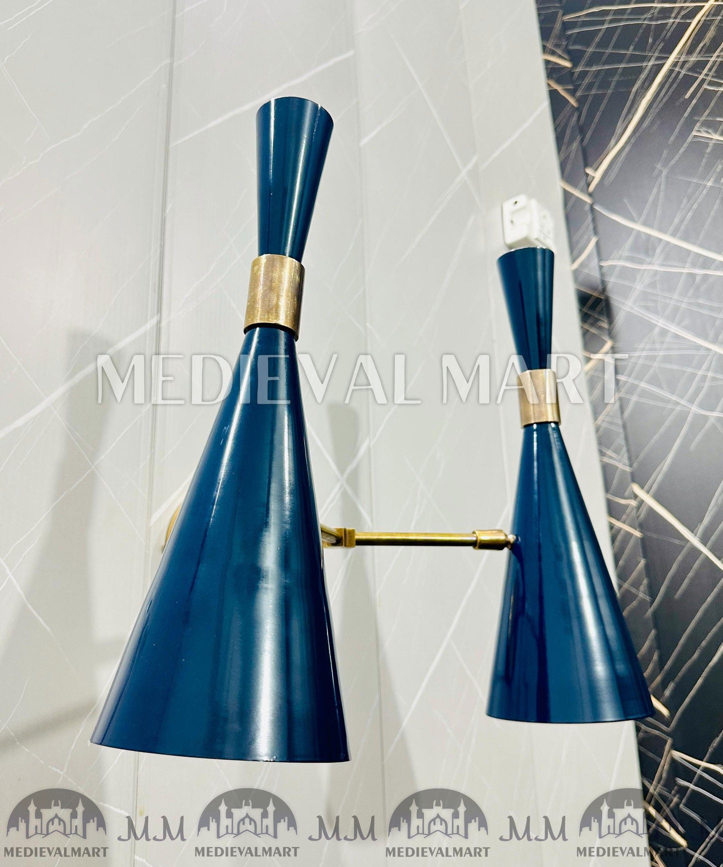 MEDIEVALMART Customized Handcrafted Mid-Century Brass Wall Sconce - Double Arm Shade Light Fixttue.