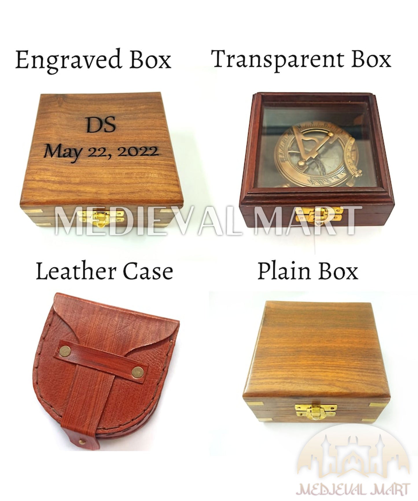 MEDIEVALMART Nautical Pirates Personalized Sun Clock Pocket Compass Gold Finish W/H Gen-1 Wooden Case | Gift For Him