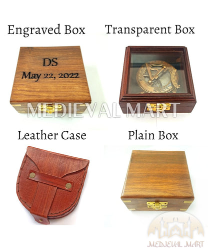 MEDIEVALMART Nautical Pirates Personalized Sun Clock Pocket Compass Gold Finish W/H Gen-1 Wooden Case | Gift For Him