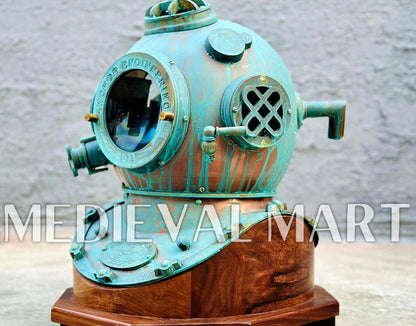 MEDIEVALMART Rusty Green Diving Helmet With Wooden Base