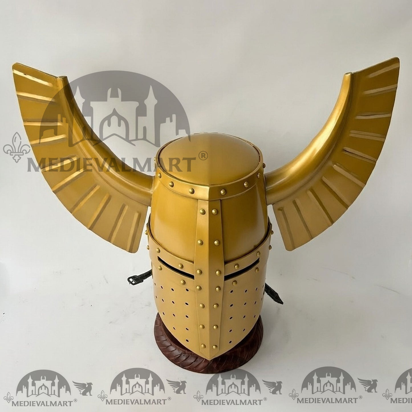 MEDIEVALMART Medieval Templar Warrior Teutonic Yellow Finish Wing Helmet with Free Stand
