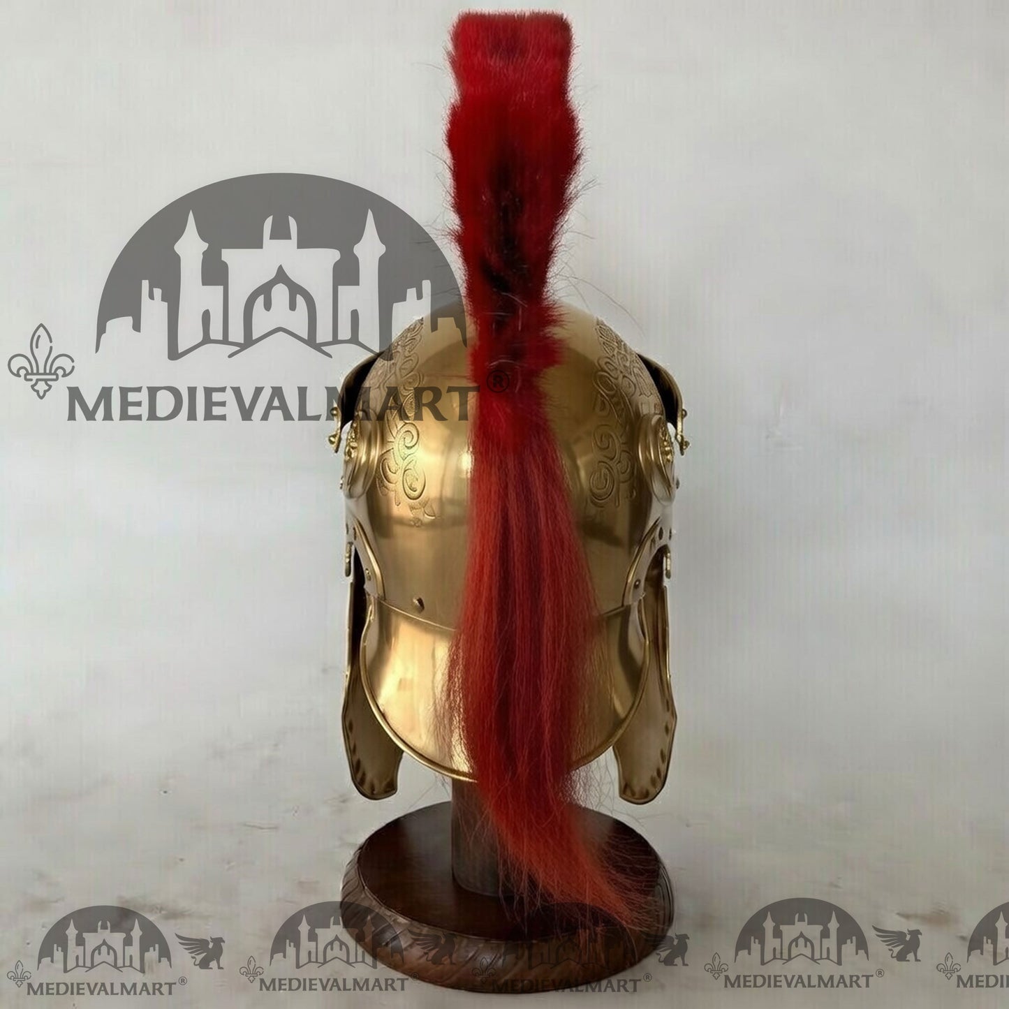 MEDIEVALMART Medieval Roman Centurion Gold Finish Helmet with Red Plume or Free Wooden Stand