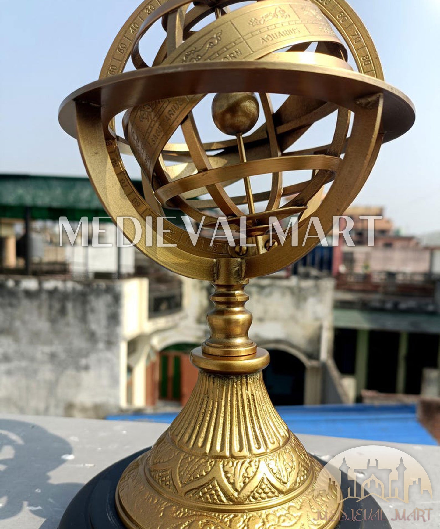 MEDIEVALMART Handmade Engraved Brass Armillary Sphere with Wooden Base – Nautical Globe Decor