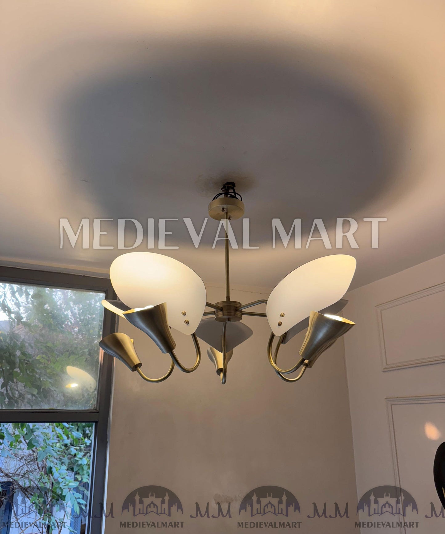 MEDIEVALMART Handmade Brass 5-Arm Chandelier | Mid-Century Modern Light Fixture