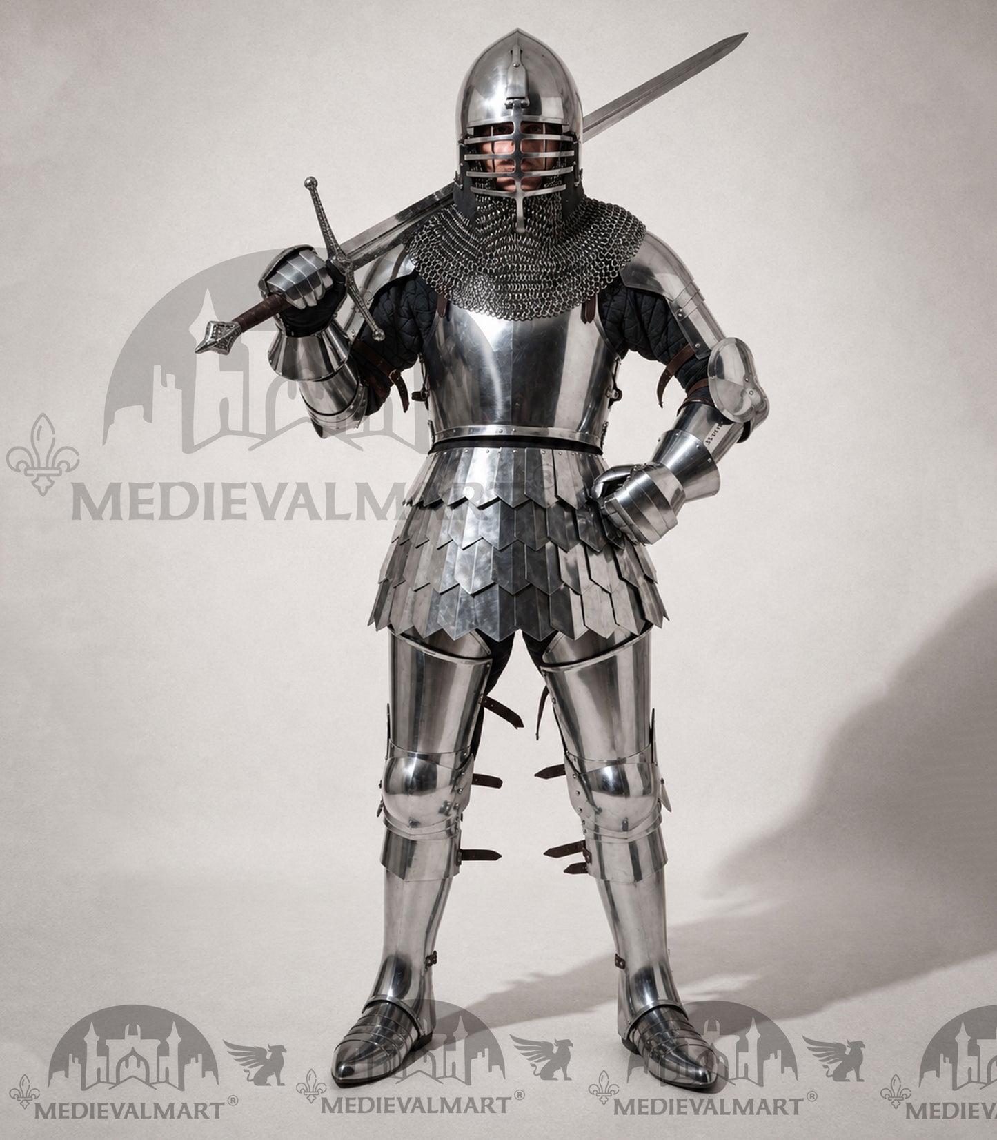 MEDIEVALMART 14th Century Knight Crusader-Era Transitional Plate Hybrid Armor W/H Wolf Ribs Bacinet & Pole Arms Hammer