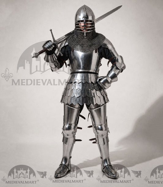 MEDIEVALMART 14th Century Knight Crusader-Era Transitional Plate Hybrid Armor W/H Wolf Ribs Bacinet & Pole Arms Hammer