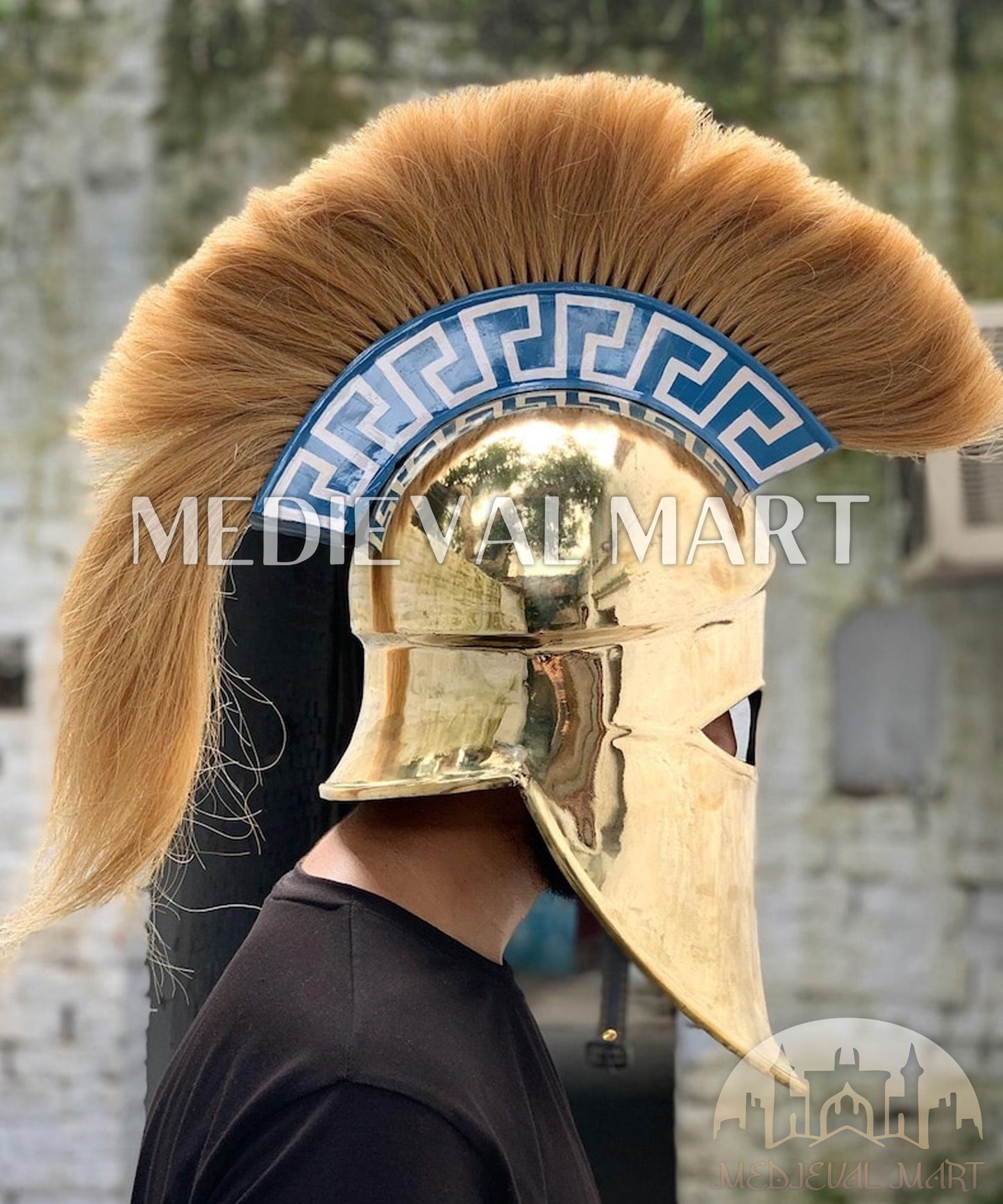 MEDIEVALMART "7th Cen BCE" Greek Corinthian Shiny Brass Finish Full Size Royal Helmet W/H Plume or Free Stand | Greek Props