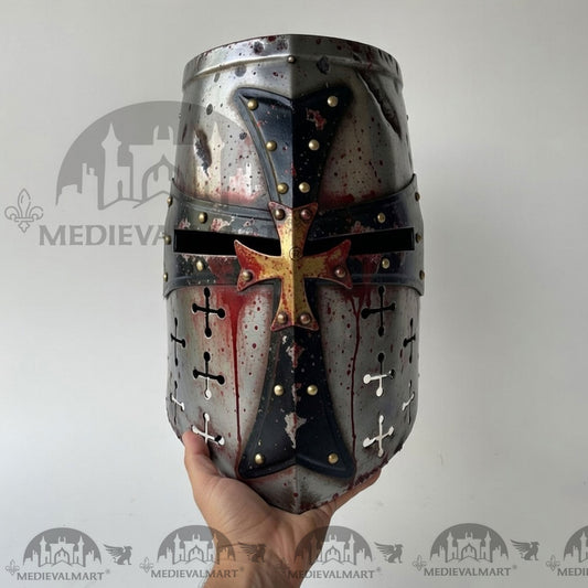 MEDIEVALMART Casque de chevalier templier croisé endommagé argenté avec finition sang et support gratuit