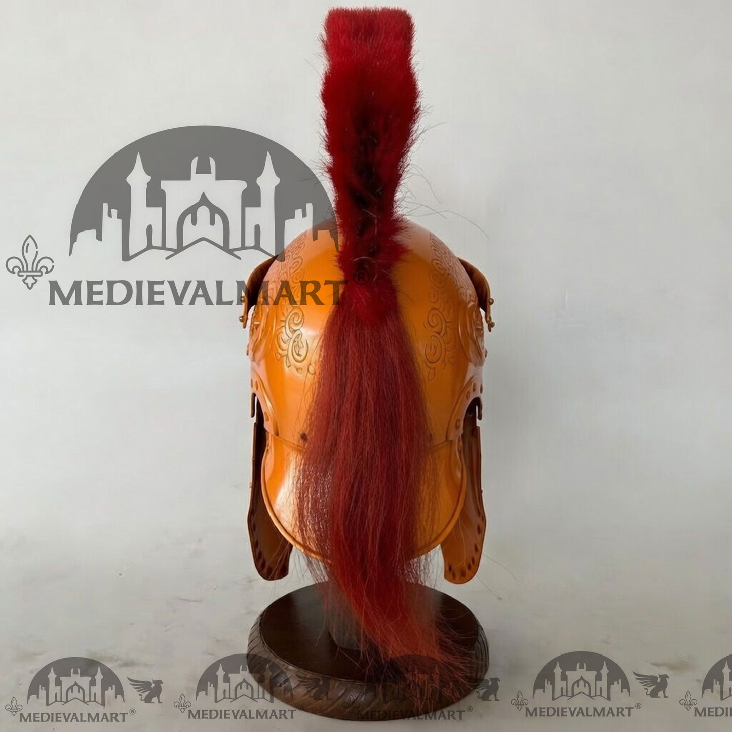 MEDIEVALMART Medieval Roman Centurion Orange Finish Helmet with Red Plume or Free Wooden Stand