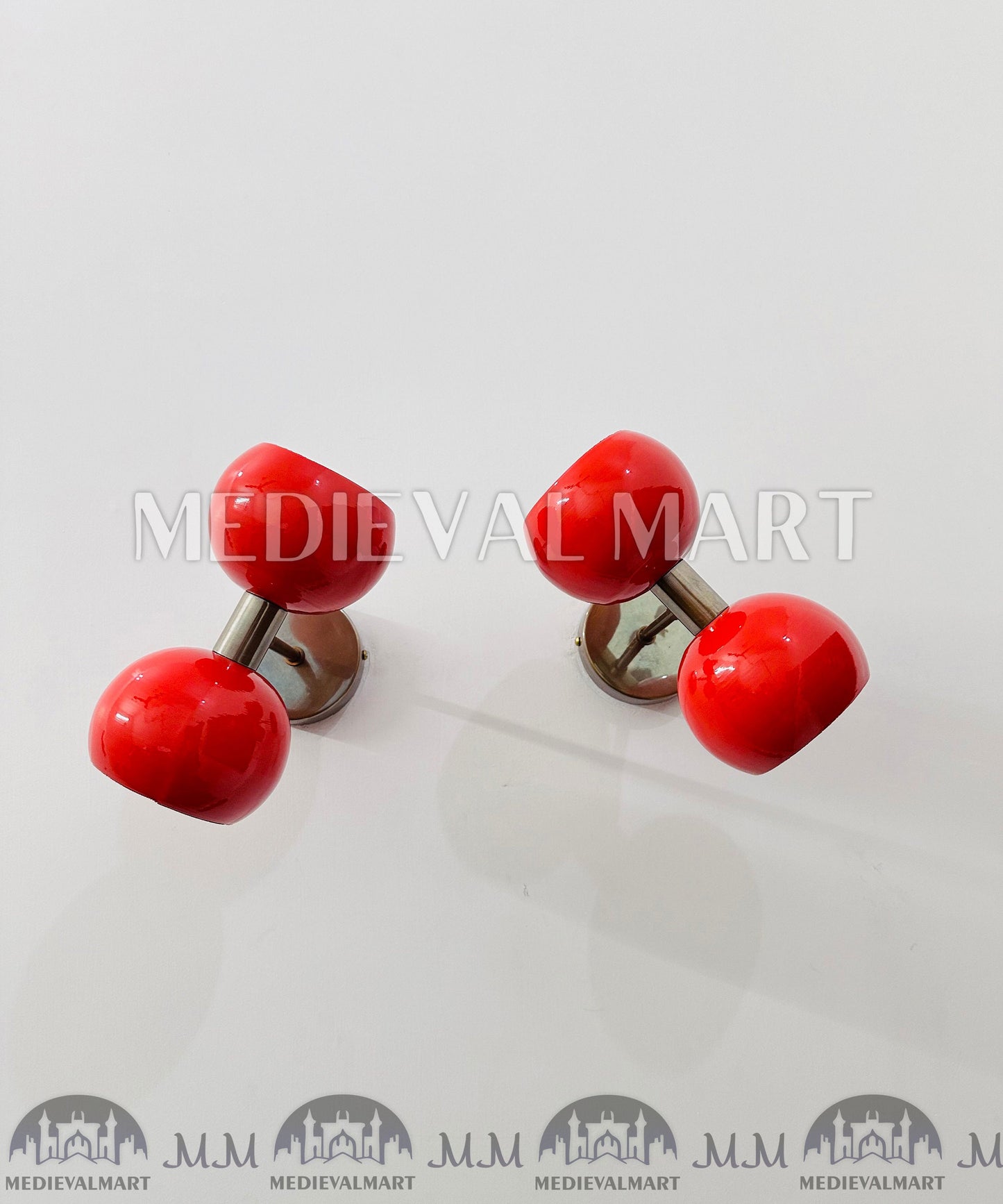 MEDIEVALMART Pair of Red Diabolo Wall Sconces: Mid-Century Italian Brass Fixture