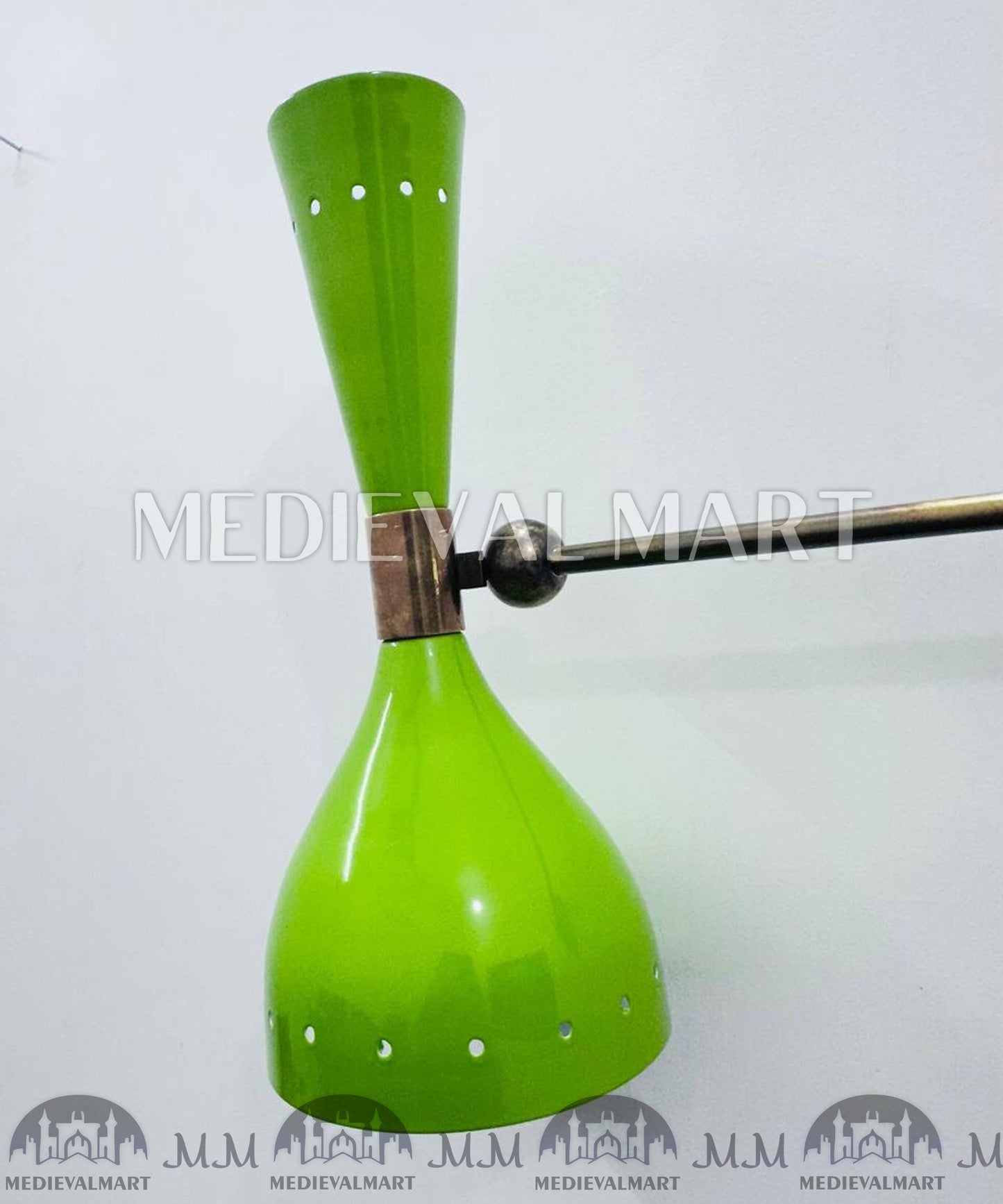 MEDIEVALMART 1950s Italian Diabolo Wall Sconce: Mid-Century Olive Green Brass Light