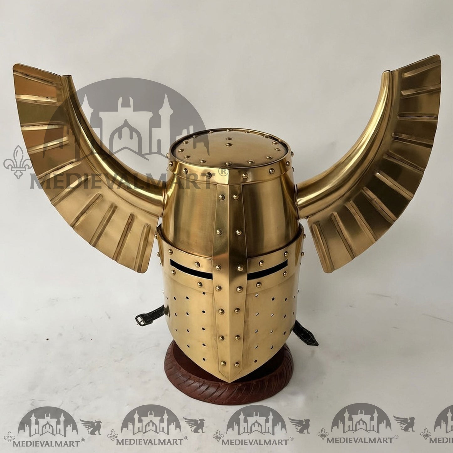 MEDIEVALMART Medieval Templar Warrior Teutonic Wing Helmet Gold Finish with Free Stand