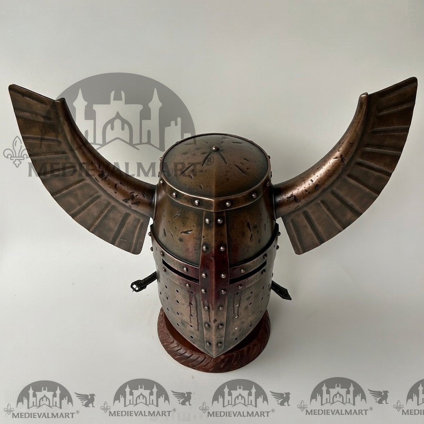 MEDIEVALMART Medieval Templar Warrior Teutonic Damage Copper W/H Blood Finish Wing Helmet with Free Stand
