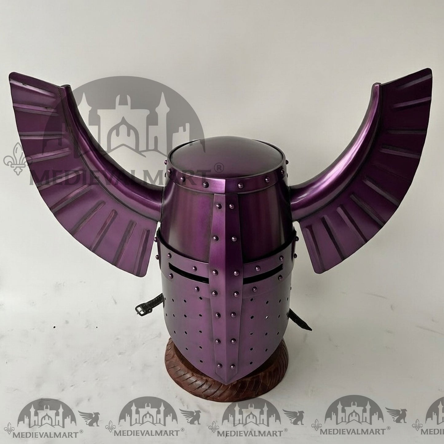 MEDIEVALMART Medieval Templar Warrior Teutonic Purple Finish Wing Helmet with Free Stand