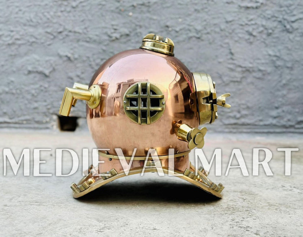 MEDIEVALMART Nautical Rose Gold Finish Diving Helmet With Wooden Base