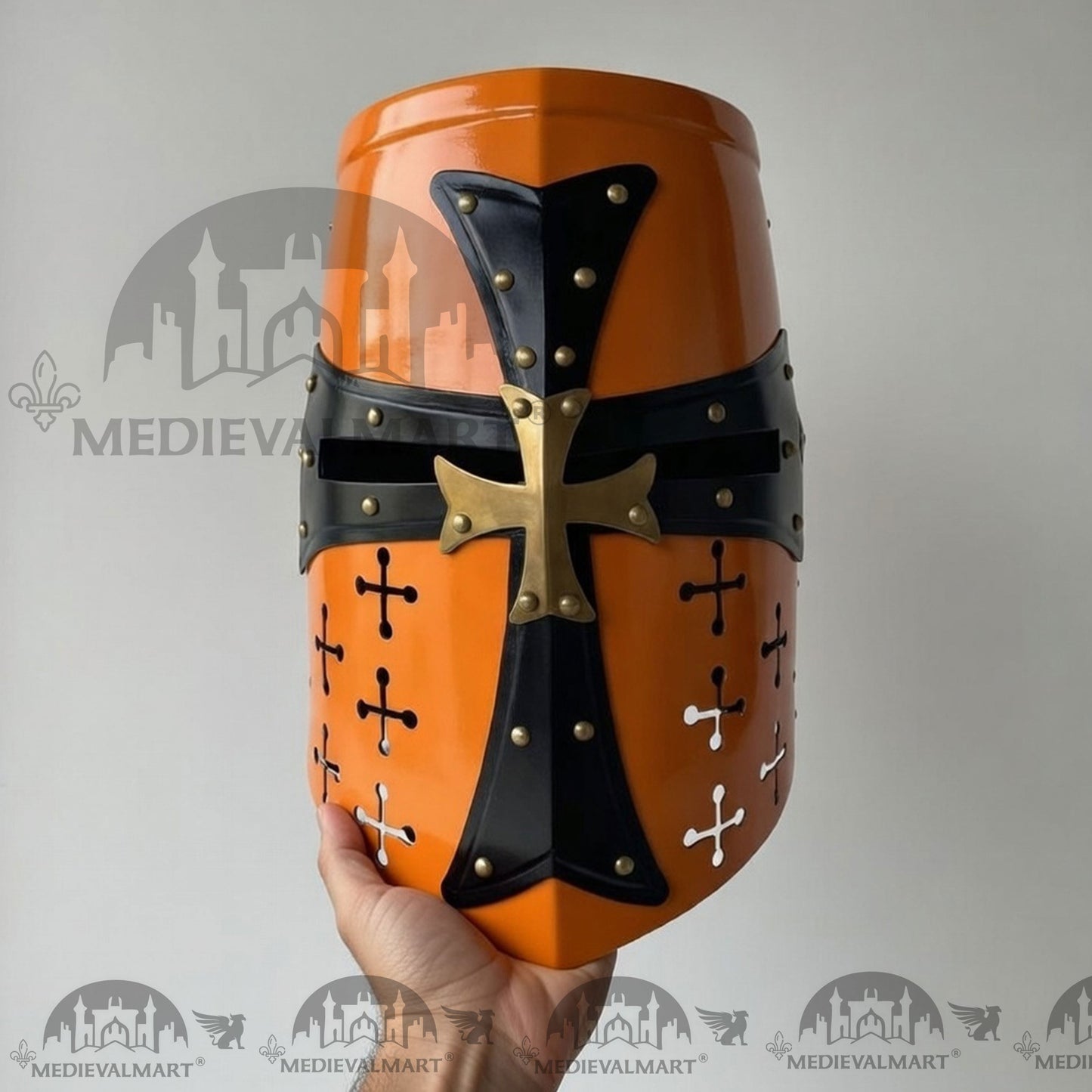 MEDIEVALMART Special Templar Crusader Knight Orange Finish Helmet W/H Free Stand