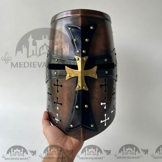 MEDIEVALMART Casque de chevalier templier croisé finition bronze antique avec support gratuit