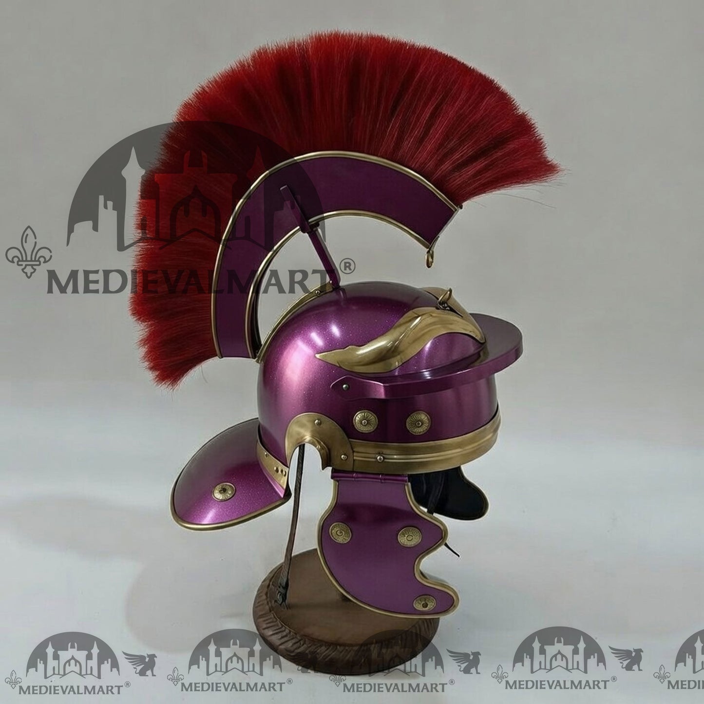 MEDIEVALMART Gallic Roman Centurion Purple Finish Helmet Replica Red Plume with Free Stand