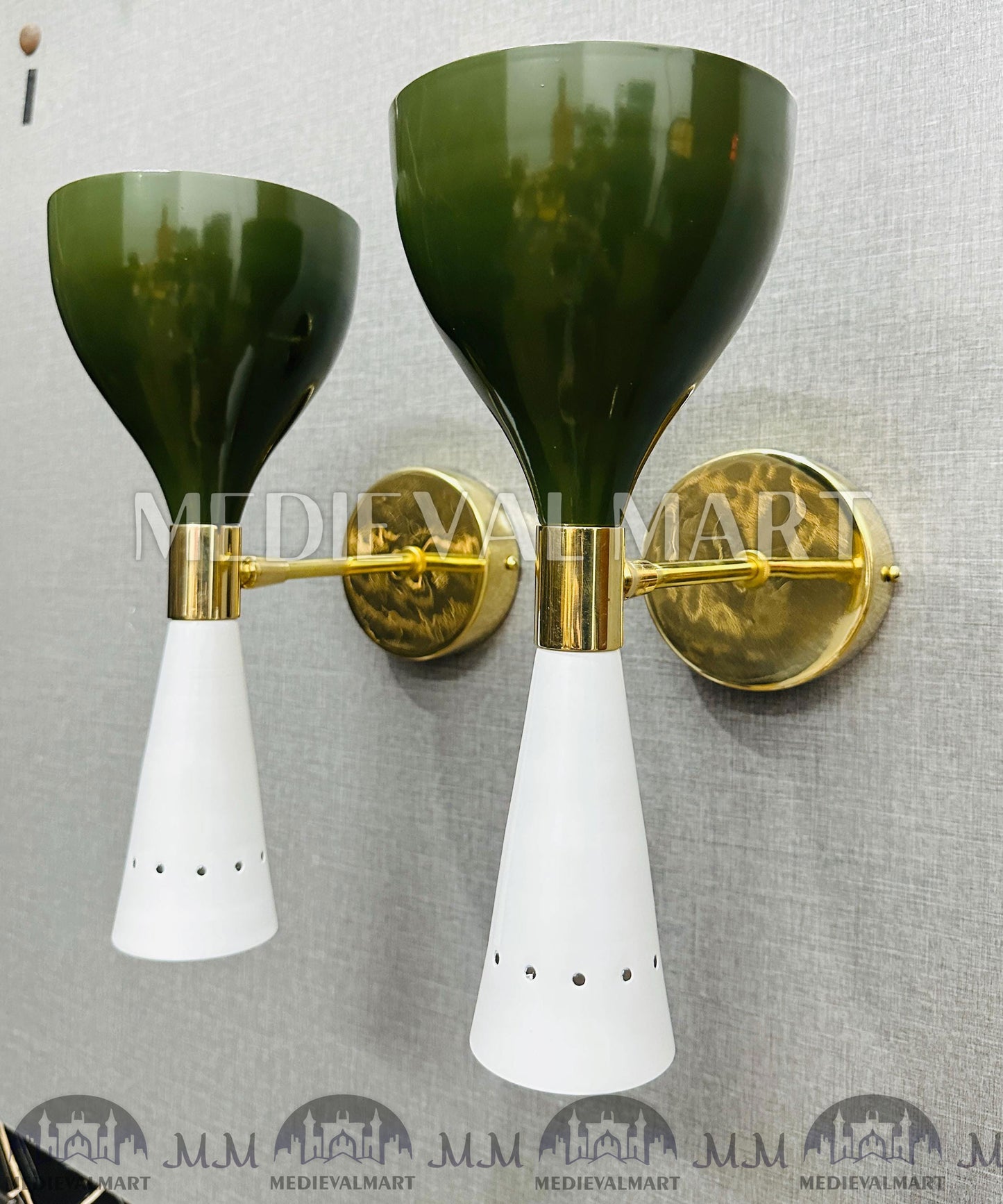 MEDIEVALMART Handmade Brass Double Cone Sconces Olive Green & White Vanity Lights