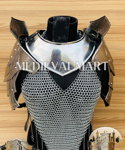 MEDIEVALMART (Isolara Dragonplate) Women’s Armor W/H Silver (DragonFang) Chainmail + Arms Armor