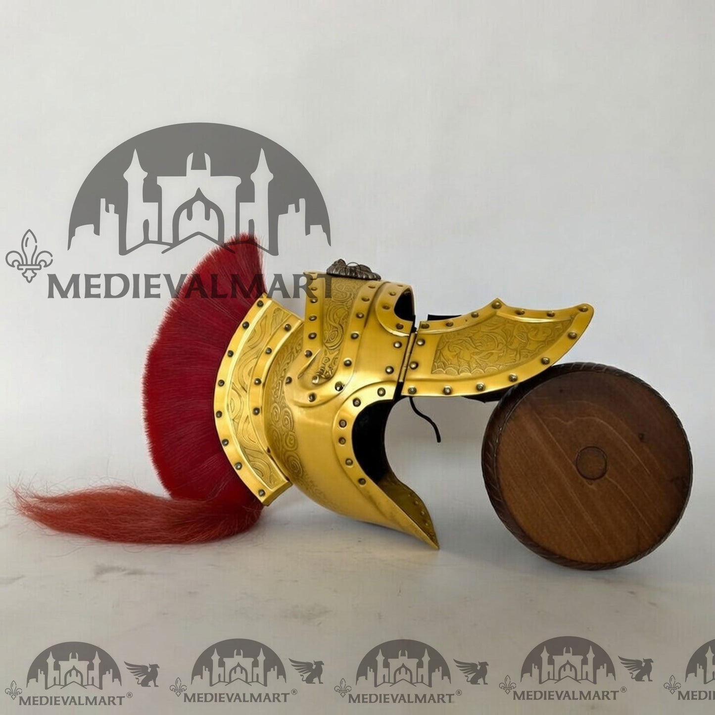 MEDIEVALMART Medieval Roman Centurion Yellow Finish Helmet with Red Plume or Free Wooden Stand