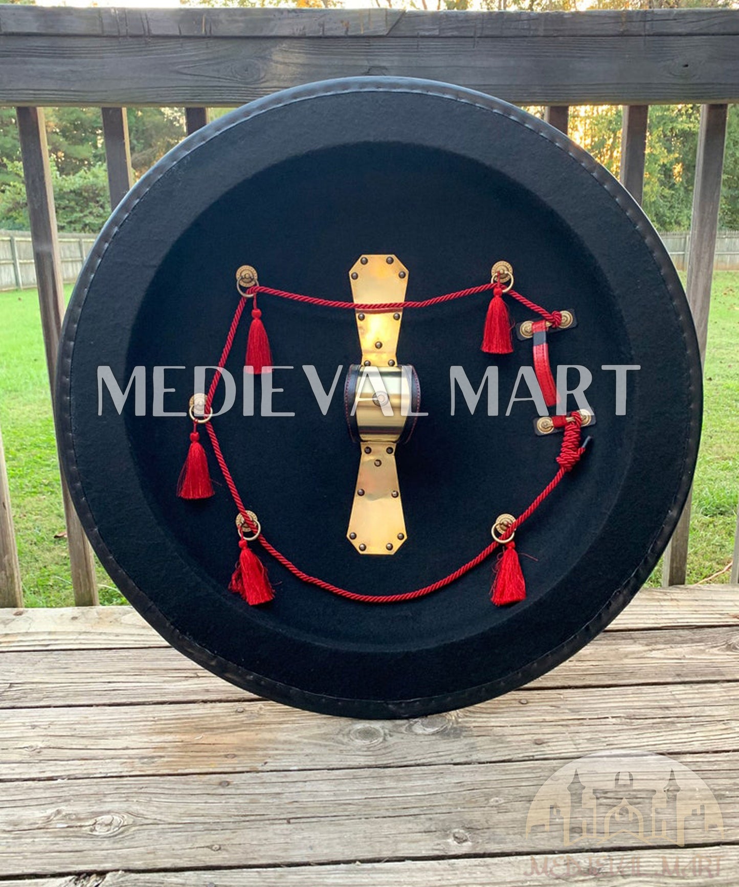 MEDIEVALMART Iconic Greek Hoplite Black/Gold Lion Battleworn Metal/Brass Shield | Gifts For Dad