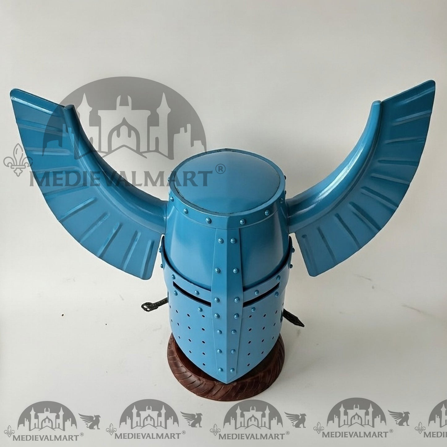 MEDIEVALMART Medieval Templar Warrior Teutonic Aqua Blue Finish Wing Helmet with Free Stand
