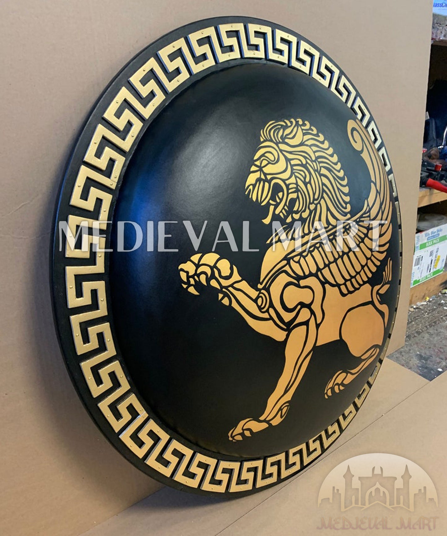 MEDIEVALMART Iconic Greek Hoplite Black/Gold Lion Battleworn Metal/Brass Shield | Gifts For Dad