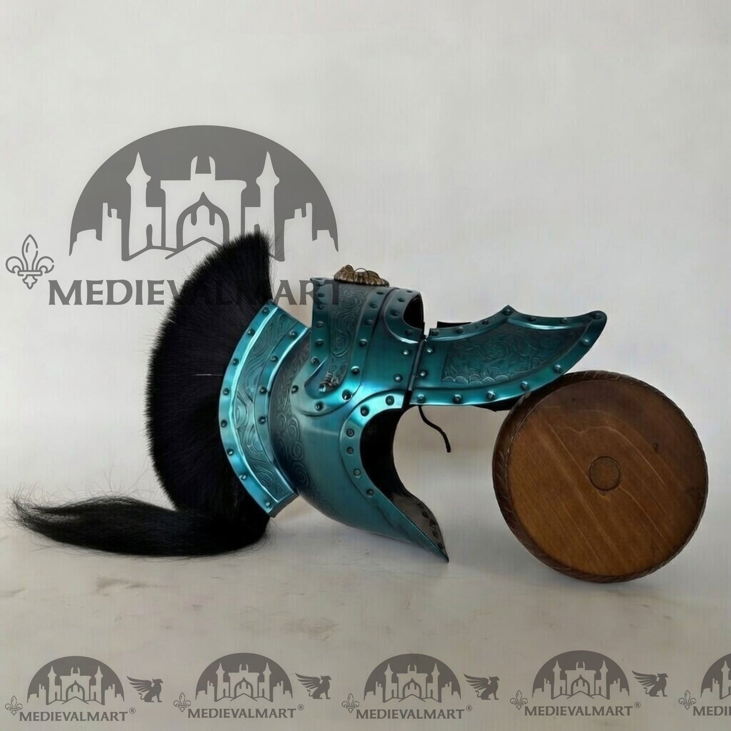 MEDIEVALMART Medieval Roman Centurion Aqua Blue Finish Helmet with Black Plume or Free Wooden Stand
