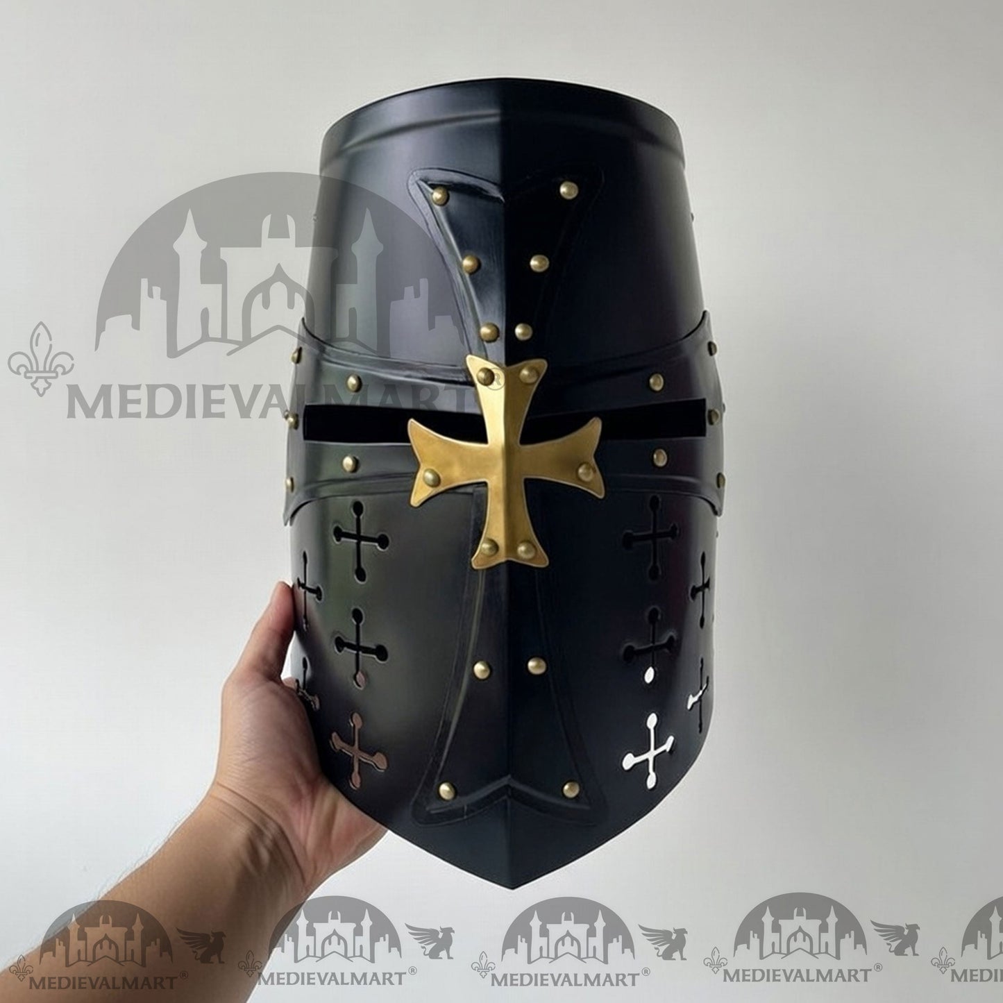 MEDIEVALMART Special Templar Crusader Knight Black Finish Helmet W/H Free Stand