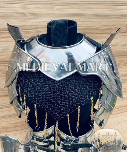 MEDIEVALMART  (Isolara Dragonplate) Women’s Armor W/H Black (Sable Knight) Chainmail + Frost Belt + Arms Armor