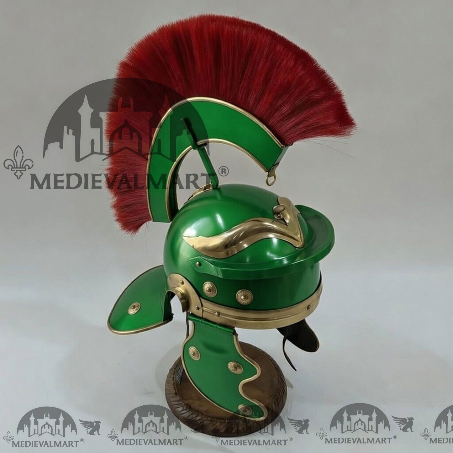 MEDIEVALMART Gallic Roman Centurion Green Finish Helmet Replica Red Plume with Free Stand