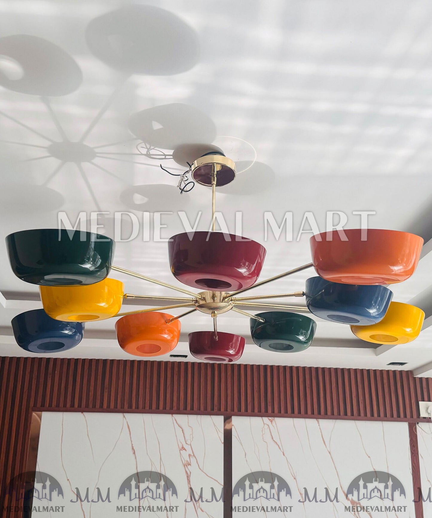 MEDIEVALMART Handcrafted Brass Starburst Chandelier | Mid Century Modern Multi Color Light