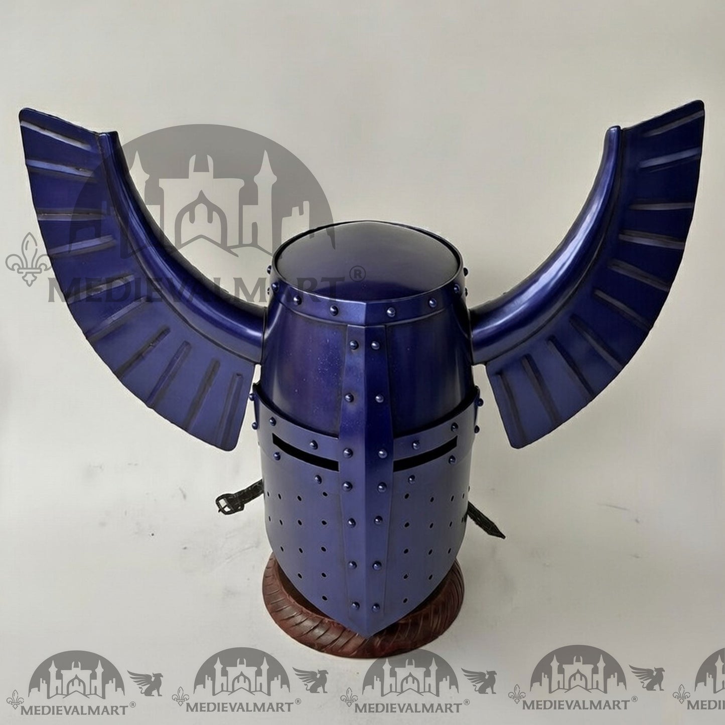 MEDIEVALMART Medieval Templar Warrior Teutonic Blue Finish Wing Helmet with Free Stand