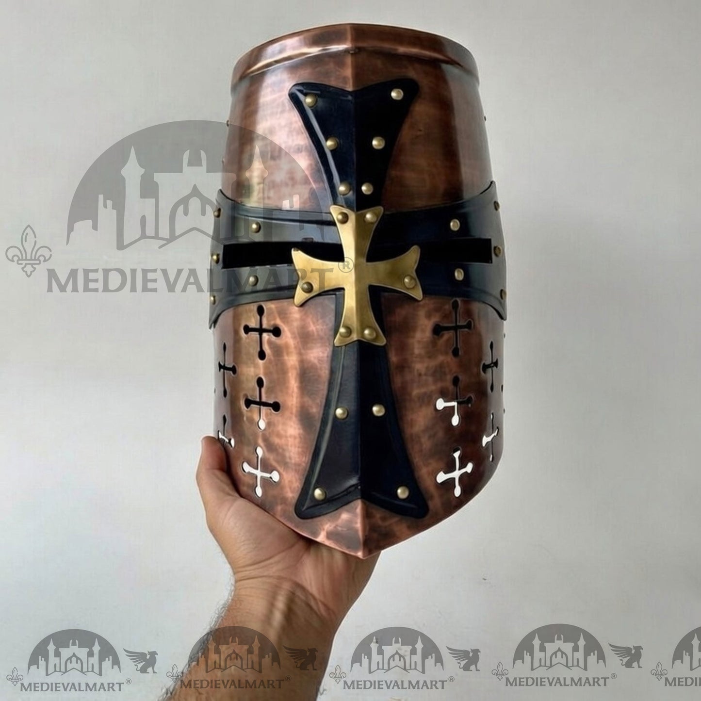 MEDIEVALMART Special Templar Crusader Knight Antique Copper Finish Helmet W/H Free Stand